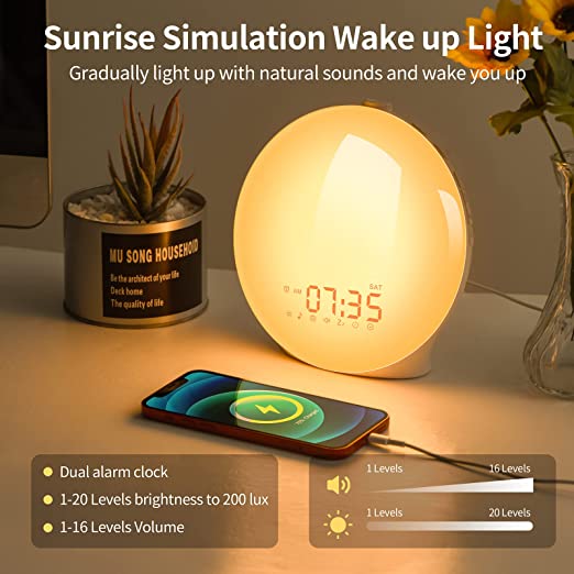 Wake Up Light Sunrise Alarm Clock for Kids, Heavy Sleepers, Bedroom, Sunrise Simulation, Sleep Aid, Dual Alarms, FM Radio, Snooze, Nightlight, Daylight, 15 Colors, 10 Natural Sounds, Ideal for Gift