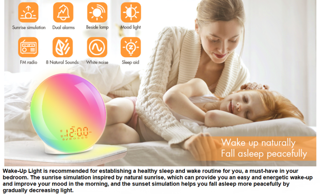 Wake Up Light Sunrise Alarm Clock for Kids, Heavy Sleepers, Bedroom, Sunrise Simulation, Sleep Aid, Dual Alarms, FM Radio, Snooze, Nightlight, Daylight, 15 Colors, 10 Natural Sounds, Ideal for Gift