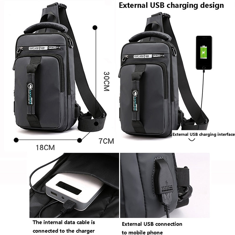 Men Multifunction USB Waterproof Shoulder Bag Crossbody Cross Body Sling Chest Travel Bags