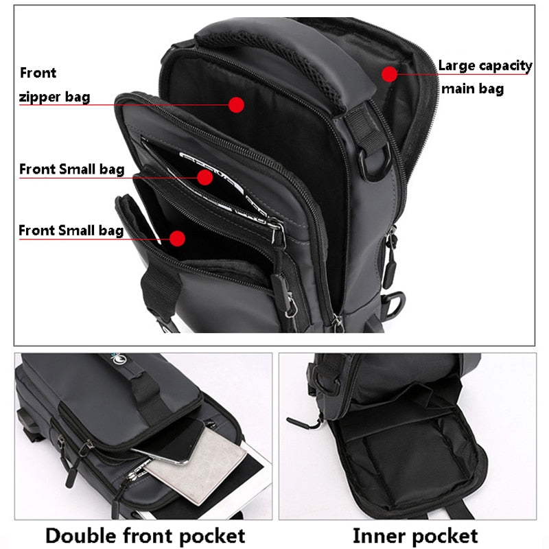 Men Multifunction USB Waterproof Shoulder Bag Crossbody Cross Body Sling Chest Travel Bags